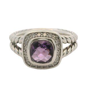 David Yurman 925 Sterling Silver Petite Amethyst Albion Ring Diamond Halo Size 7